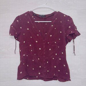 Madewell Women's Burgundy Maroon Short Sleeve Star Print Silk Belle Top size 2